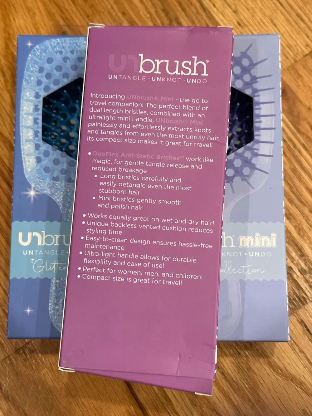 UNbrush mini glitter detangling hair brush - purple & blue bundle